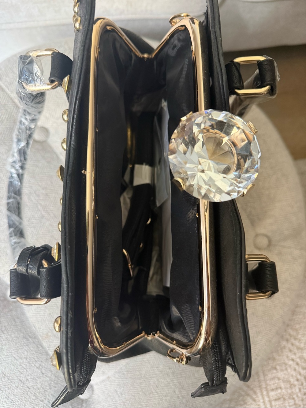 Traci Lynn Black Studded Dome Handbag Set w Matching Wallet Crystal Diamond Top - Picture 8 of 15